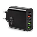 Fast Charger Multi USB C 65W with 5 ports, including QC 3.0. Compatible with Apple devices like iPhone, iPad, MacBook, and Android. Fast charging made easy!