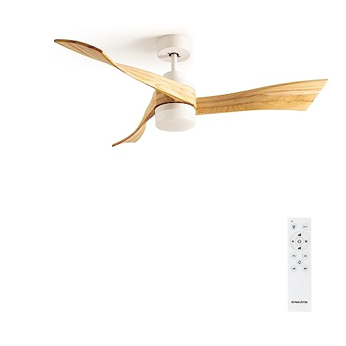 Discover the Wind Curve Ceiling Fan: 132cm, natural wood, remote control, quiet DC motor, 6 speeds, and built-in timer for ultimate comfort.