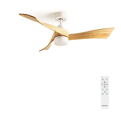 Discover the Wind Curve Ceiling Fan: 132cm, natural wood, remote control, quiet DC motor, 6 speeds, and built-in timer for ultimate comfort.