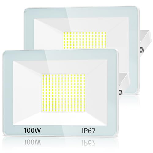 Yiqibro - 100W LED Outdoor Spotlight, 10000LM, 7000K Cool White, 2-Pack, IP67 Waterproof