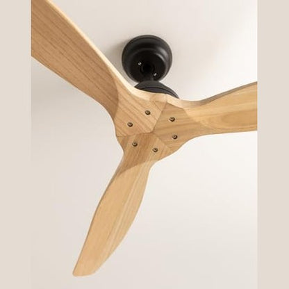 Create - Windwood Black Ceiling Fan, Natural Wood Blades, 75W, Quiet, Ø132 cm, 3 Speeds, Timer, Dual Height Adjustments