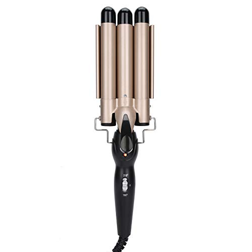 Gold color three barrel rotating curling iron set with adjustable temperature from 180 to 210 degrees Celsius designed for creating wavy hairstyles suitable for all hair types.