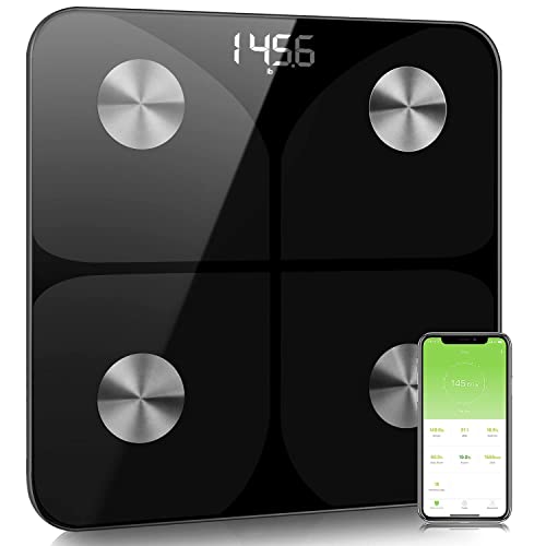 Black body weight composition analyzer monitor with high precision scales displaying measurements for BMI, visceral fat, muscle mass, and body age, featuring a smart app for fitness tracking.
