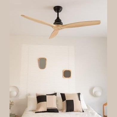 Create - Windwood Black Ceiling Fan, Natural Wood Blades, 75W, Quiet, Ø132 cm, 3 Speeds, Timer, Dual Height Adjustments