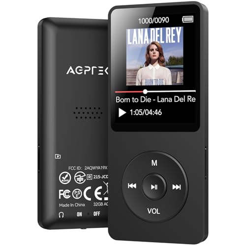 Reproductor MP3 AGPTEK A02 en color negro con capacidad de 32 GB, pantalla de 1.8 pulgadas, Bluetooth 5.3, altavoz integrado, radio FM y función de grabadora de voz, con soporte para tarjeta de memoria ampliable hasta 128 GB.