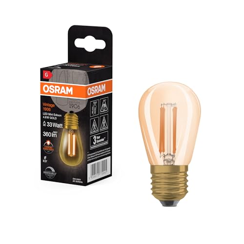 Osram - Vintage 1906 LED Lamp Gold Tint, 4.8W, 360lm, Mini Edison Shape, E27 Base, Warm White Light, Dimmable, 15,000 Hours Life Time