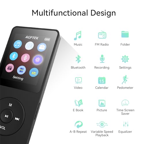 AGPTEK - A02 Bluetooth 5.3 MP3 Player, 1.8" Screen, 32GB, FM Radio, Voice Recorder