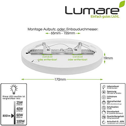 Lumare - Dimmable LED Ceiling Light 12W Extra Flat Round 800lm IP44
