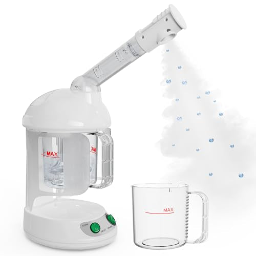 Easy to clean facial steamer designed for deep facial cleansing featuring a nano ionic technology. The portable device includes a 360-degree rotating arm and has a large 300ML capacity. It also functions as a face humidifier and comes with an aromatherapy diffuser that produces warm mist.