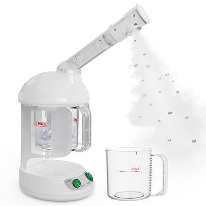 Easy to clean facial steamer designed for deep facial cleansing featuring a nano ionic technology. The portable device includes a 360-degree rotating arm and has a large 300ML capacity. It also functions as a face humidifier and comes with an aromatherapy diffuser that produces warm mist.