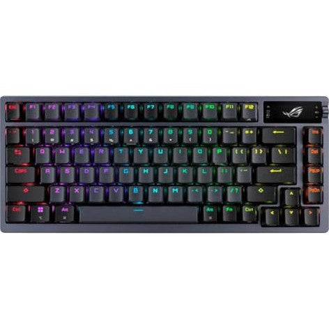 ASUS ROG Azoth 75 wireless gaming keyboard featuring a unique gasket mount design, OLED display with intuitive controls, hot-swappable pre-lubed switches, and ergonomic features for an enhanced typing experience.
