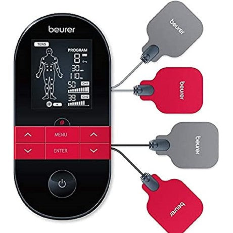 Image of the Beurer EM59 device, a 4-in-1 TENS/EMS unit featuring an ergonomic design, two heat settings, and four electrode gel pads for pain relief, muscle training, tension relief, and soothing heat during treatment.