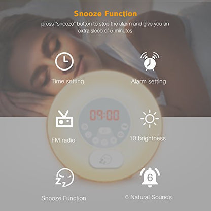 COULAX - Wake Up Light Wood Grain Sunrise Alarm Clock with FM Radio & Snooze Function