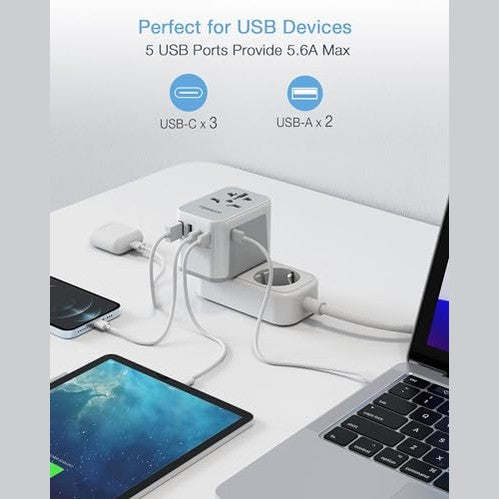 TESSAN - Universal Travel Adapter 5.6A With 3 USB-C & 2 USB-A Ports
