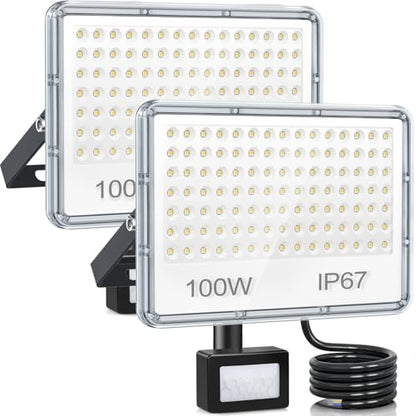 YIQIBRO - LED Motion Sensor Spotlight 100W 10000LM IP67 Waterproof 2 Pack