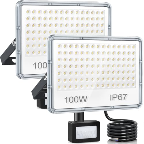 YIQIBRO - LED Motion Sensor Spotlight 100W 10000LM IP67 Waterproof 2 Pack
