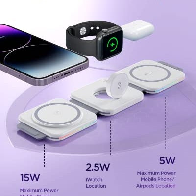 Hohosb - 3 In 1 Mag-Safe Wireless Charger Station, 15W Max, White 18W Adapter Included