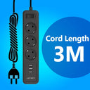 Jsver - 3-Way Power Strip with 3 USB Ports, 3680W, Wall Mounted, 3m Cable
