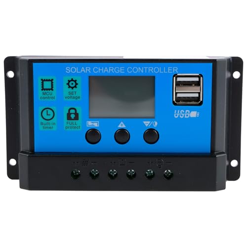 30A PWM solar charge controller designed for 12V and 24V solar panels featuring an intelligent regulator with USB connectivity, automatic parameter adjustment, an LCD display, and multiple load control modes.