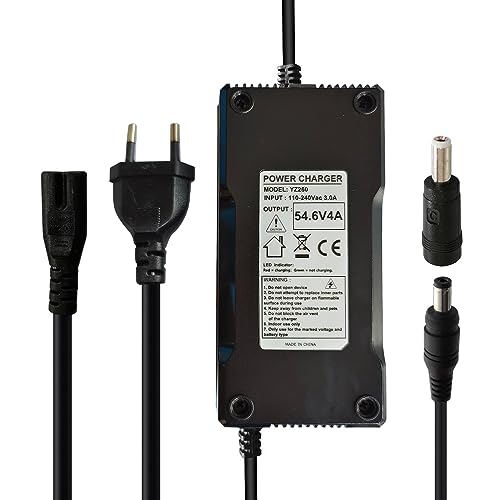 Power supply adapter charger designed for 48V 13S lithium-ion batteries featuring a 54.6V output and 4A current with a DC connection of 5.5 x 2.1 mm and a plug size of 5.5 x 2.5 mm.