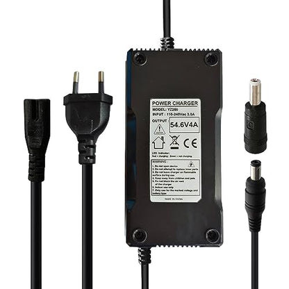 Power supply adapter charger designed for 48V 13S lithium-ion batteries featuring a 54.6V output and 4A current with a DC connection of 5.5 x 2.1 mm and a plug size of 5.5 x 2.5 mm.