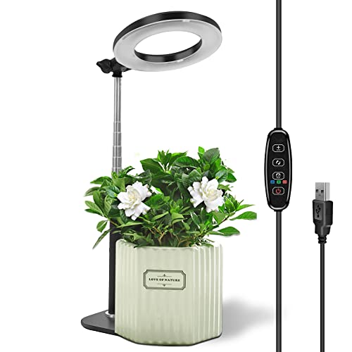 Full spectrum LED plant light designed for indoor plants featuring a stable base, adjustable height, three switch modes, a timer with options for 3, 9, or 12 hours, and ten levels of dimmable brightness suitable for small plants.