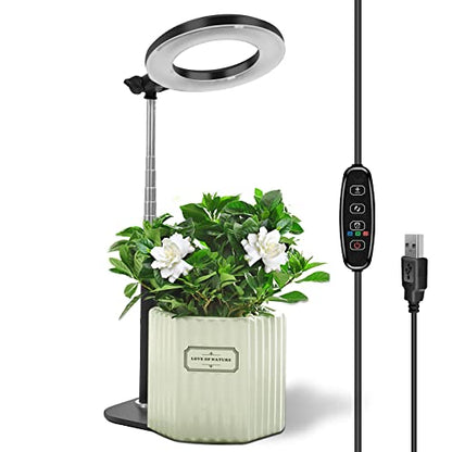 Full spectrum LED plant light designed for indoor plants featuring a stable base, adjustable height, three switch modes, a timer with options for 3, 9, or 12 hours, and ten levels of dimmable brightness suitable for small plants.