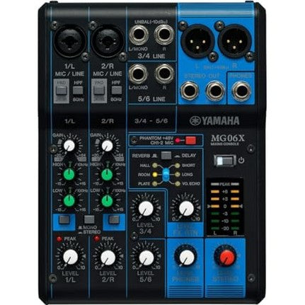 Yamaha MG06X Mischpult in Schwarz, 6-Kanal Mixer mit 2 Mono- und 2 Stereo-Eingängen, D-PRE Mikrofonvorverstärkern, SPX Effektprozessor mit 6 Programmen, ideal für Live-Sessions.