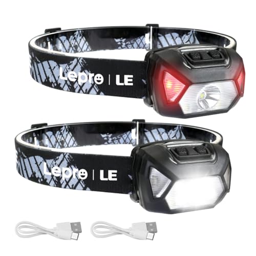 Rechargeable LED headlamp featuring six lighting modes designed for camping and hiking, with IPX4 waterproof rating, high lumen brightness, adjustable headband, and includes USB cable for charging