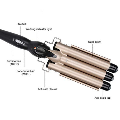 Gold - 3 Barrel Rotating Curling Iron Set With Adjustable Temperature