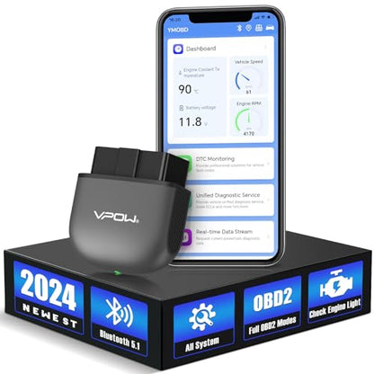 OBD2 car diagnostic tool with Bluetooth 5.1 for iPhone and Android, designed for OBD-II engine system diagnostics, compatible with multiple car brands, includes a French manual.