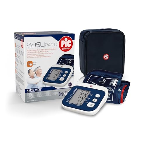 Digital blood pressure monitor with LCD display, featuring a comfortable upper arm cuff and three-button operation for easy use; includes bag and quick start guide.