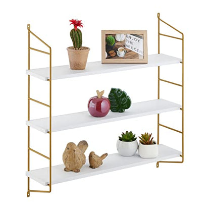 Relaxdays - Floating Wall Shelf With 3 Shelves, MDF & Iron, White/Gold