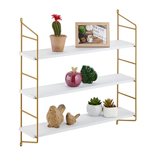 Relaxdays - Floating Wall Shelf With 3 Shelves, MDF & Iron, White/Gold