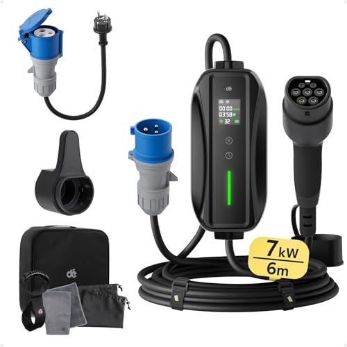 Type 2 electric car charger with 7.4kW power output, three-phase capability, 6 meter cable, and Schuko adapter. Features digital LCD control and is compatible with Model Y, Model 3, 500e, e-208, and other electric and plug-in hybrid vehicles.