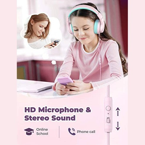 iClever - HS19 Kids Headphones with Microphone, Safe Volume, Foldable, Pink