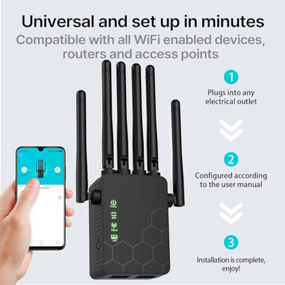 Long Range WiFi Extender Signal Booster - Covers Up to 11000 sq.ft, Supports 35+ Devices, 6 Antennas for 360° Full Coverage, Ethernet Port, Wireless Standard 802