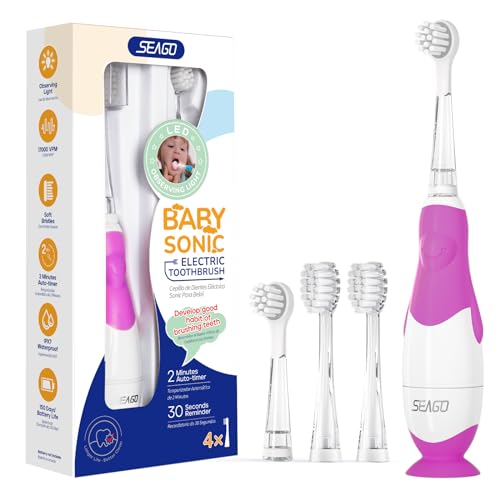 SEAGO - Electric Baby Toothbrush With Timer & Suction Base, 4 Replacement Heads