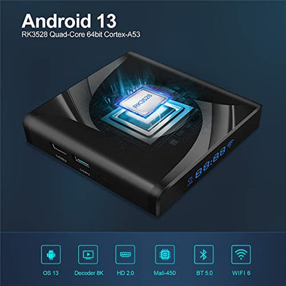 X88 - Android 13.0 TV Box, 4GB RAM, 64GB ROM, RK3528 Quad-Core, WiFi6, 8K HDR10+