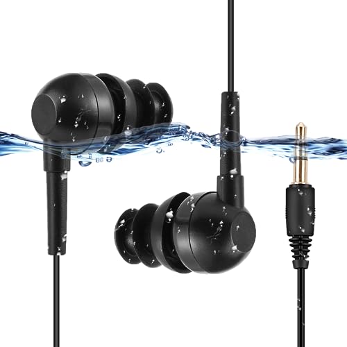 Black AGPTEK IPX8 waterproof sports headphones designed for swimming, featuring an in-ear headset compatible with iPhone 7, 7 Plus, 6, 6S, SE, and Samsung Galaxy S8, S7, Edge S6, and E11.