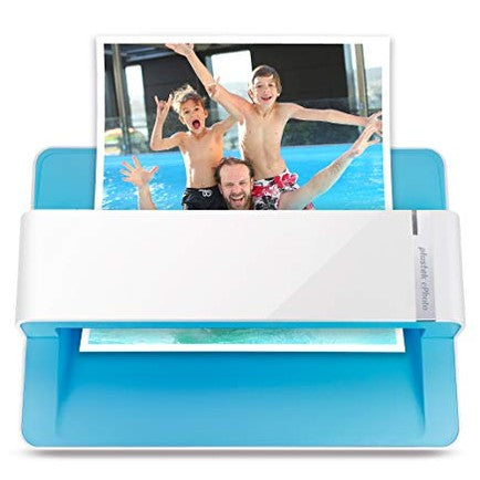Plustek Ephoto Z300 photo and document scanner with USB connectivity, capable of scanning various photo sizes and letter/A4 paper at resolutions up to 600 dpi, weighing 1.4 kilograms.