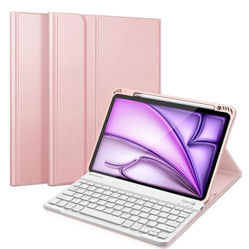 FINTIE - Keyboard Case for iPad Air 11-Inch M2 2024 - Soft TPU Back Cover w/Detachable Bluetooth Keyboard, Rose Gold