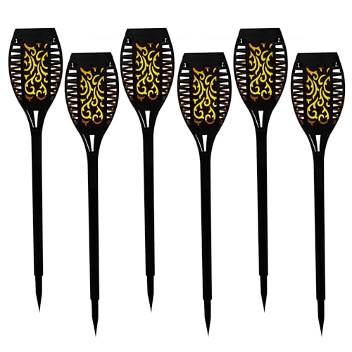 Set of six 20 inch tall outdoor solar powered LED torch light stakes designed for pathways
