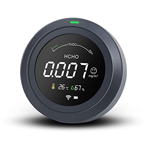 Air quality monitor designed to detect formaldehyde and total volatile organic compounds with WiFi app connectivity, suitable for indoor use in homes, offices, conferences, and travel, while also measuring humidity and temperature.