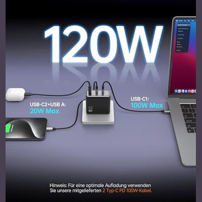 NOVOO - 120W USB-C GaN III 3-Port Quick Charger with PD 100W Cables