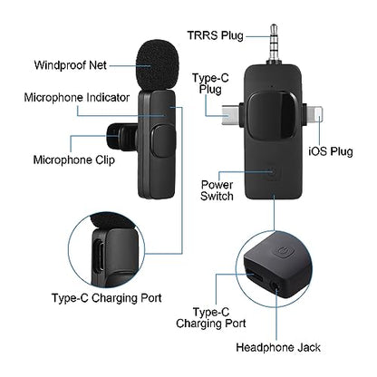 AMZ - Wireless Lavalier Microphone 3-in-1 Clip-On Mic System (2 Transmitters, 1 Receiver)