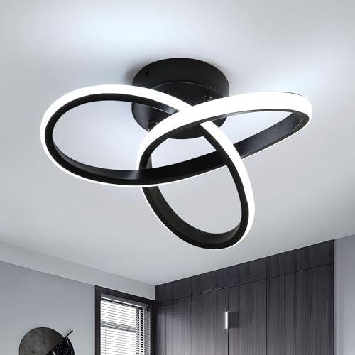 Modern black flush mount ceiling light with a spiral design, measuring 9.8 inches, suitable for hallways, bedrooms, kitchens, living rooms, offices, and stairways, emitting a bright 6000K light.