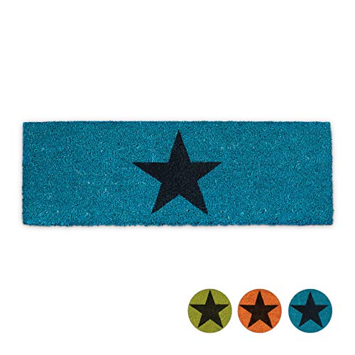 Blue star patterned doormat made of coconut fiber with a non-slip rubber underside, suitable for indoor and outdoor use, measuring 1.5 cm in height, 75 cm in width, and 25 cm in depth.
