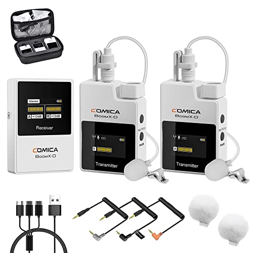 Compact wireless lavalier microphone system designed for cameras and smartphones, ideal for podcasting, interviews, and live streaming on platforms like YouTube and Facebook, featuring a sleek white design.