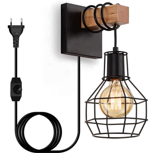 Indoor dimmable vintage wall light featuring a black industrial design made of metal and wood, equipped with a switch cable and plug, suitable for stairwells, bedrooms, restaurants, and living rooms, includes a light bulb.